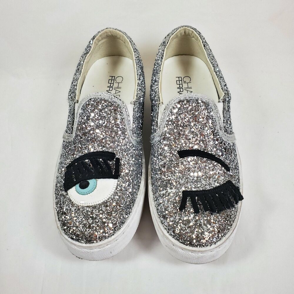 Chiara Ferragni Flirting Winking Glitter Silver Sneakers US Sz 5.5, EU Sz 36